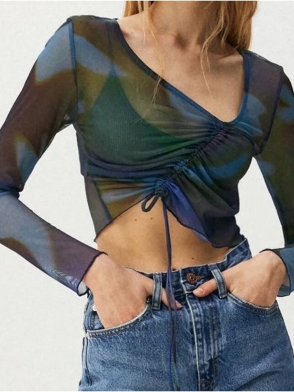 Pull&Bear Sheer Ruched Drawstring Crop Top in Blue and Green